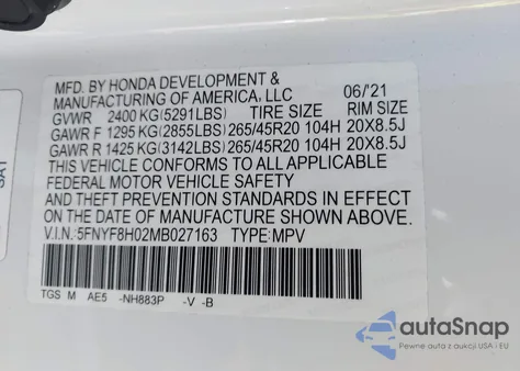 2021 Honda Passport Awd Elite z USA, uszkodzony, nr VIN 5FNYF8H02MB027163
